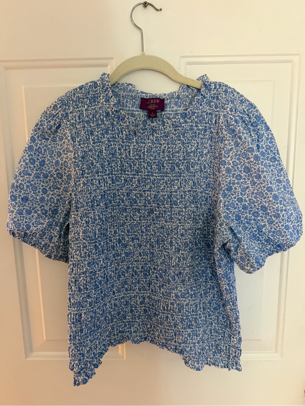 J. Crew Liberty fabric Blue and White Floral Smocked Top
